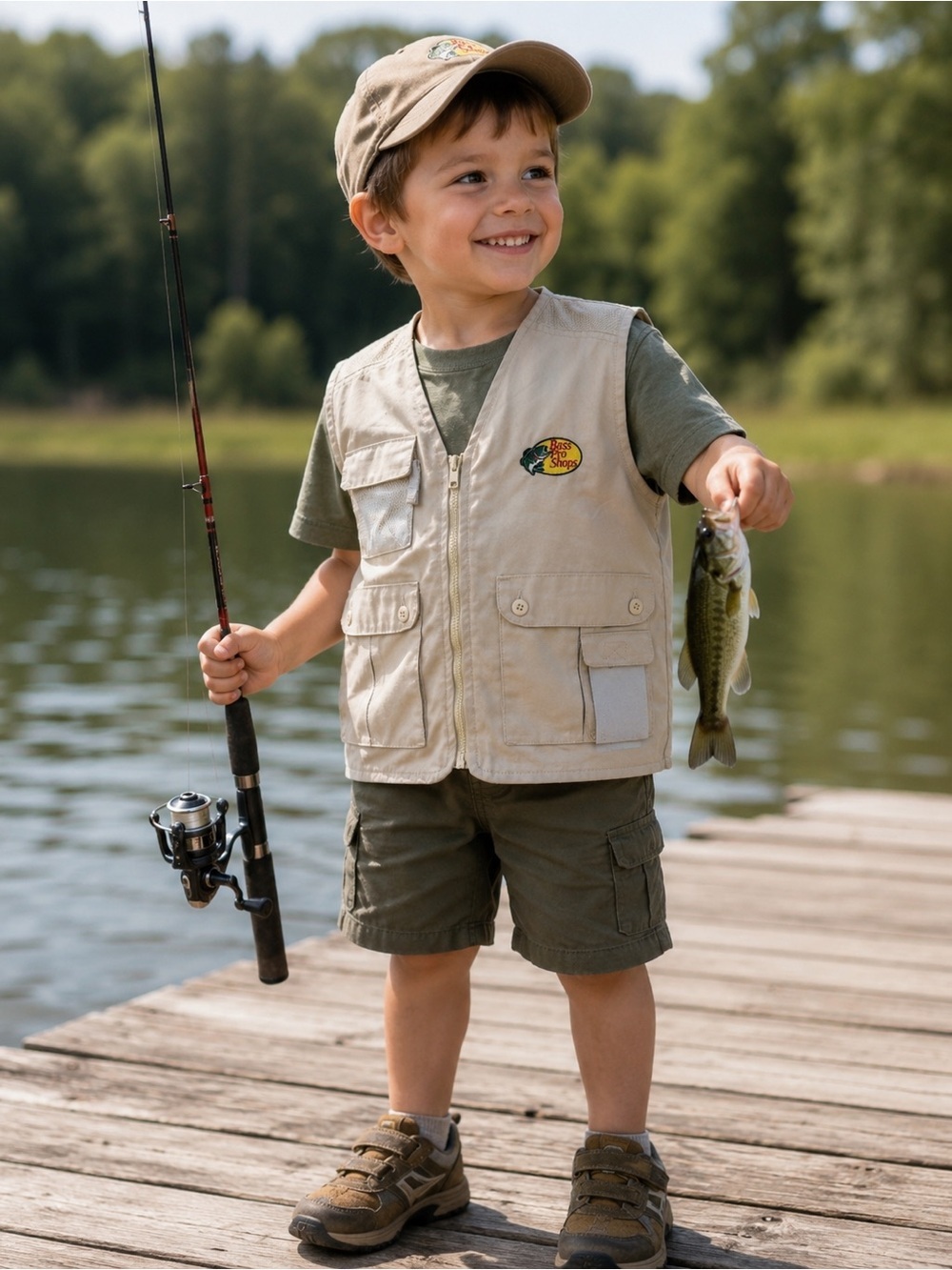 Bass Pro Shops Kids Vintage Khaki Utility Fishing Vest  SZ 7 Unisex EUC